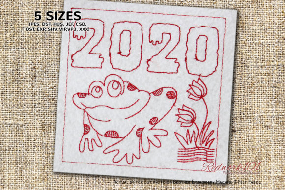 Cute Froggie with Lotus Flower Redwork